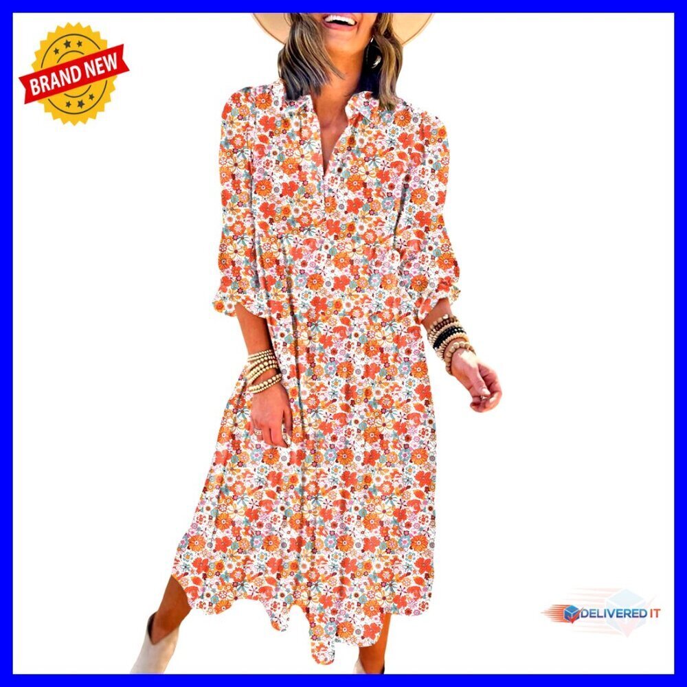 Floral Bohemian Midi Dress Long Puff Sleeve V Neck Ruffle A Line Summer